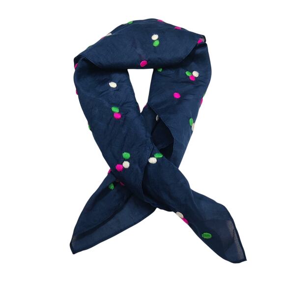 J. Crew Cotton Silk Twee Polka Dot Embroidered Navy Blue Preppy Square Scarf - Picture 2 of 7